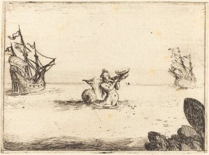 Jacques Callot (French, 1592 - 1635 ), Siren between Two Ships, 1628, etching, Rosenwald Collection - for Lee Conell - "A Guide to Sirens"