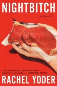 A woman's hands holding three red beef steaks on a bright white piece of butcher paper, against a bright red background.