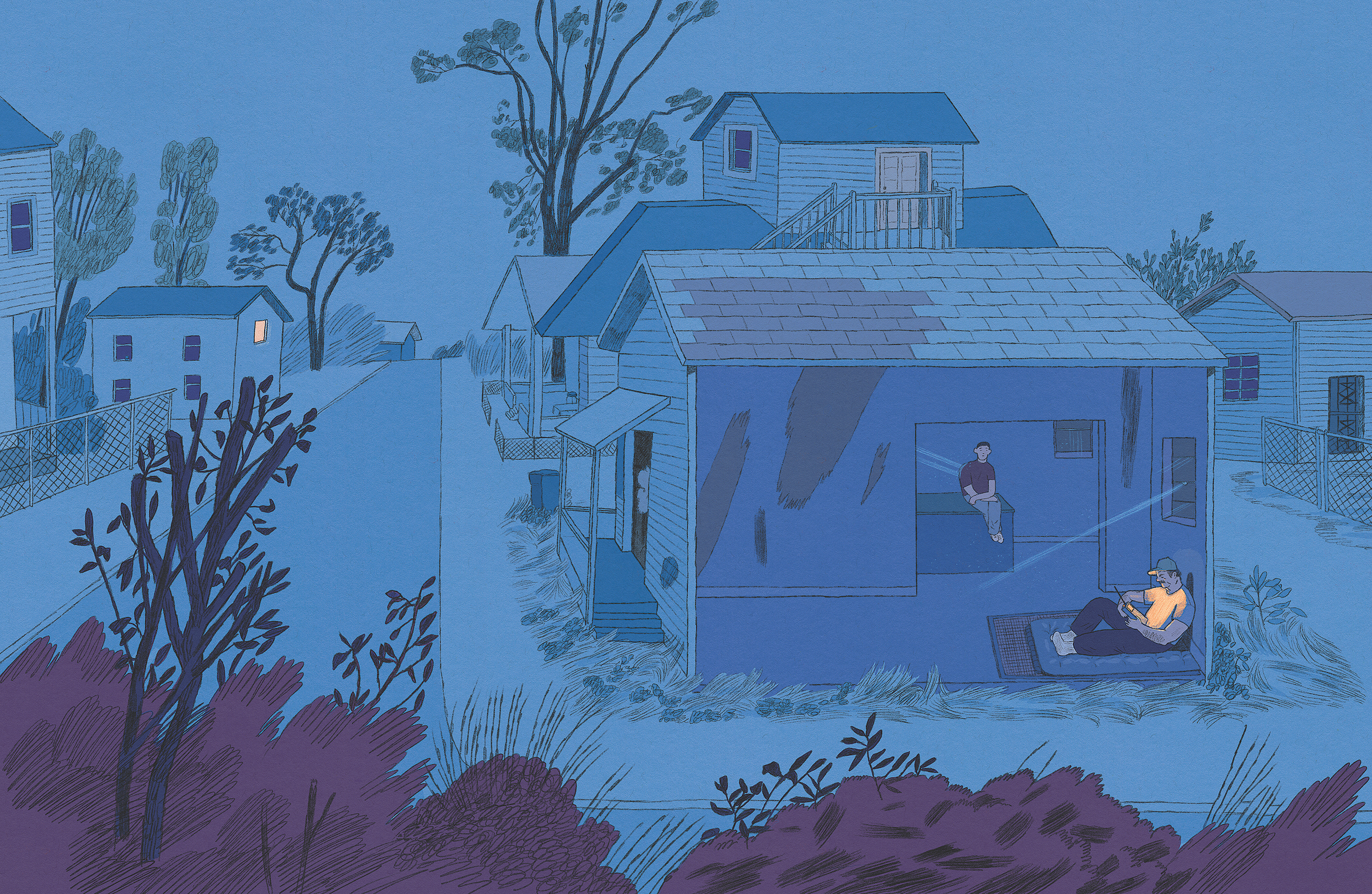 Illustration in blue and purple of a man reading by cellphone light in an otherwise dark house. In the background, a person sits on a kitchen counter, observing the man. 